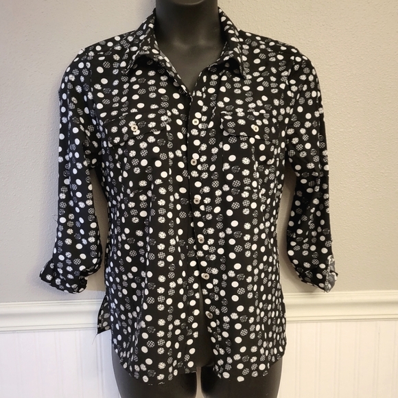 Black Notations Button Down White Polka Dot Dressy Blouse L - Picture 1 of 6